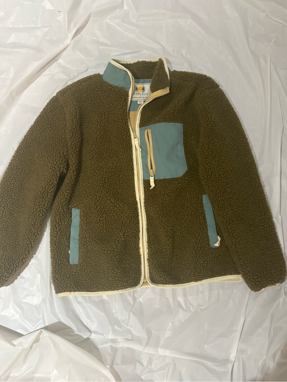 Horizon Women's Olive Green Sherpa Puffer Jacket with Teal Accents